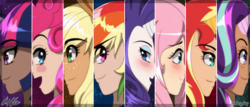 Size: 4200x1800 | Tagged: safe, artist:aloubell, applejack, fluttershy, pinkie pie, rainbow dash, rarity, starlight glimmer, sunset shimmer, twilight sparkle, human, g4, anime, high res, horn, horned humanization, human coloration, humanized, mane six