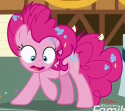 Size: 396x351 | Tagged: safe, screencap, pinkie pie, g4, secrets and pies, confused, discovery family logo, female, looking down, messy mane, solo