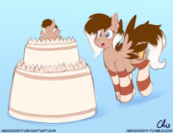 Size: 1024x791 | Tagged: safe, artist:nekocrispy, oc, oc only, oc:cinnamon toast, original species, pegasus, plush pony, pony, cake, clothes, female, food, mare, socks, solo, stockings, striped socks, thigh highs