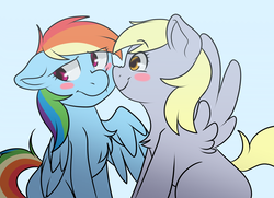 Size: 4105x2976 | Tagged: safe, artist:hyperion-jack, derpy hooves, rainbow dash, g4, blush sticker, blushing, duo, female, kissing, lesbian, looking away, ship:derpydash, shipping, simple background, smiling