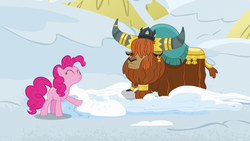 Size: 1280x720 | Tagged: safe, screencap, pinkie pie, prince rutherford, pony, yak, g4, not asking for trouble, raised eyebrow, snow