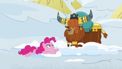 Size: 1280x720 | Tagged: safe, screencap, pinkie pie, prince rutherford, pony, yak, g4, not asking for trouble, lidded eyes, prone, raised eyebrow, snow