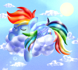 Size: 2000x1800 | Tagged: safe, artist:dashiekawaii145, rainbow dash, g4, bubble, cloud, cloudy, cute, eyes closed, female, sky, sleeping, solo, sun