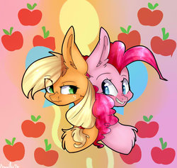 Size: 900x854 | Tagged: safe, artist:erinartista, applejack, pinkie pie, earth pony, pony, g4, apple, back to back, bust, chest fluff, cutie mark, female, food, freckles, lesbian, looking at each other, missing accessory, portrait, ship:applepie, shipping, smiling