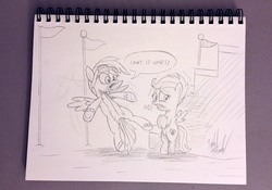 Size: 1100x768 | Tagged: safe, artist:fuzon-s, rainbow dash, scootaloo, g4, clothes, monochrome, need to pee, omorashi, potty dance, potty emergency, potty time, request, requested art, traditional art, trotting in place, uniform, wonderbolts, wonderbolts uniform