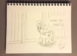 Size: 1024x747 | Tagged: safe, artist:fuzon-s, sweetie belle, g4, bathroom, desperation, female, need to pee, omorashi, potty dance, potty emergency, potty time, request, requested art, sketch, solo, traditional art, trotting, trotting in place