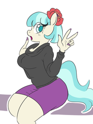 Size: 1000x1333 | Tagged: safe, artist:jargon scott, artist:whale, coco pommel, earth pony, anthro, g4, clothes, collaboration, female, fingernails, looking at you, open mouth, peace sign, simple background, solo, sweater