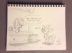 Size: 1101x810 | Tagged: safe, artist:fuzon-s, apple bloom, applejack, g4, covering crotch, desperation, need to pee, omorashi, potty dance, potty emergency, potty time, request, requested art, sketch, traditional art, trotting, trotting in place