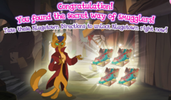 Size: 773x452 | Tagged: safe, gameloft, capper dapperpaws, abyssinian, cat, anthro, digitigrade anthro, g4, my little pony: the movie, chest fluff, clothes, coat, congratulation, congratulations, engrish, gameloft shenanigans, male, misspelling, solo