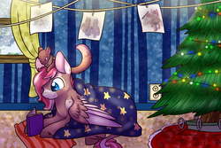 Size: 3000x2000 | Tagged: safe, artist:cloureed, oc, oc only, oc:ace, oc:strawberry breeze, mink, pegasus, pony, book, christmas, christmas tree, high res, holiday, snow, tree