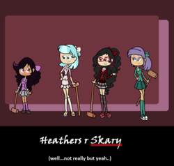 Size: 1124x1068 | Tagged: safe, artist:obeliskgirljohanny, coco pommel, maud pie, oc, oc:seraphim cyanne, oc:strawberry rose, human, g4, clothes, cosplay, costume, crossover, heathers, heathers the musical, humanized
