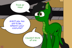 Size: 1280x859 | Tagged: safe, artist:sketchlines, oc, oc only, dracony, hybrid, halloween, happy halloween, holiday, no costume, offscreen character, solo, speech bubble, trick or treat