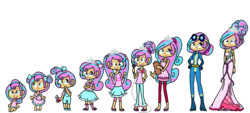 Size: 1385x627 | Tagged: safe, artist:obeliskgirljohanny, princess flurry heart, human, g4, adult, age progression, baby, braces, child, clipboard, clothes, flower, grown, humanized, jewelry, lidded eyes, lipstick, looking at you, looking up, microphone, older, older flurry heart, open mouth, teenager, tiara, timeline, toddler, uniform, wonderbolts, wonderbolts uniform