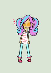 Size: 432x610 | Tagged: safe, artist:obeliskgirljohanny, princess flurry heart, human, g4, braces, clothes, eyes closed, female, humanized, pigtails, reference sheet, shirt, smiling, solo, t-shirt, twilight (series)