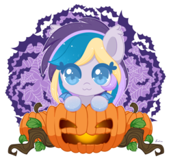 Size: 800x760 | Tagged: safe, artist:exceru-karina, oc, oc only, oc:moonlight waves, bat pony, halloween, holiday, jack-o-lantern, pumpkin, solo