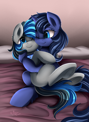 Size: 2186x3009 | Tagged: safe, artist:pridark, oc, oc only, pony, unicorn, collar, commission, cuddling, cute, female, high res, mare, mother and daughter, smiling