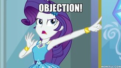 Size: 600x337 | Tagged: safe, edit, edited screencap, screencap, rarity, equestria girls, g4, my little pony equestria girls: better together, ace attorney, armpits, arms in the air, clothes, dress, female, geode of shielding, hands in the air, image macro, magical geodes, meme, memeful.com, objection, pointing, rarity peplum dress, reference, sleeveless, sleeveless dress