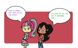 Size: 762x472 | Tagged: safe, artist:obeliskgirljohanny, sour sweet, oc, oc:scarla, human, equestria girls, g4, humanized, looking at each other