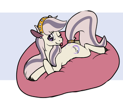 Size: 867x708 | Tagged: safe, artist:enma-darei, oc, oc only, oc:midnight moonshine, crystal pony, bean bag, female, lying down, simple background, solo, tongue out