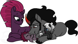Size: 900x512 | Tagged: safe, artist:tambelon, king sombra, tempest shadow, oc, oc:somber night, pony, unicorn, g4, my little pony: the movie, baby, baby pony, broken horn, clothes, colt, crack shipping, diaper, female, filly, horn, male, mare, next generation, offspring, parent:king sombra, parent:tempest shadow, parents:sombrest, prone, scarf, shipping, simple background, smiling, sombrest, stallion, straight, watermark