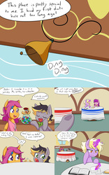 Size: 2000x3200 | Tagged: safe, artist:jake heritagu, dinky hooves, lily longsocks, scootaloo, oc, oc:aero, oc:lightning blitz, pegasus, pony, comic:ask motherly scootaloo, g4, baby, baby pony, book, candy, clothes, colt, comic, dialogue, doorbell, food, grammar error, gumball, hairpin, high res, jar, male, motherly scootaloo, offspring, older, older dinky hooves, older scootaloo, paper, parent:derpy hooves, parent:oc:warden, parent:rain catcher, parent:scootaloo, parents:canon x oc, parents:catcherloo, parents:warderp, pastry, pencil, scarf, speech bubble, sugarcube corner, sweatshirt, table