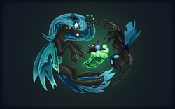 Size: 1200x750 | Tagged: safe, artist:reynaruina, queen chrysalis, changeling, changeling larva, changeling queen, g4, crown, female, gradient background, jewelry, mommy chrissy, regalia, signature, smiling
