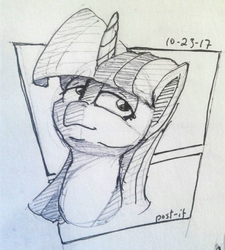 Size: 1130x1255 | Tagged: safe, artist:post-it, twilight sparkle, g4, abstract background, bust, female, ink drawing, inktober, pen drawing, signature, smug, smuglight sparkle, solo, traditional art