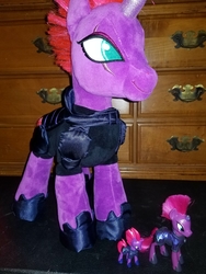 Size: 2973x3964 | Tagged: safe, tempest shadow, pony, unicorn, g4, my little pony: the movie, armor, broken horn, build-a-bear, comparison, cute, eye scar, female, high res, horn, irl, mare, multeity, photo, plushie, scar, tempest army, tempestbetes, toy, triality, trio
