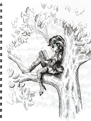 Size: 1024x1365 | Tagged: safe, artist:helmie-art, sunset shimmer, equestria girls, g4, against tree, book, clothes, female, inktober, inktober 2017, monochrome, pants, reading, solo, traditional art, tree, tree branch