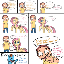 Size: 5400x5400 | Tagged: safe, artist:lamentedmusings, fluttershy, pegasus, pony, ask team anxiety, g4, absurd resolution, comic, crossover, morty smith, mr. meeseeks, ponified, rick and morty, tumblr