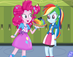 Size: 1400x1100 | Tagged: safe, artist:liniitadash23, pinkie pie, rainbow dash, equestria girls, g4, secrets and pies, boots, canterlot high, clothes, compression shorts, cutie mark on clothes, eat my pie, equestria girls interpretation, food, lockers, miniskirt, pie, pink skirt, rainbow blueberry pie, scene interpretation, shoes, shorts, show accurate, skirt, smiling, socks