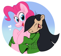 Size: 1280x1179 | Tagged: safe, artist:zerogravitybadger, pinkie pie, earth pony, pony, g4, codename kids next door, crossover, heart, hug, kuki sanban, numbuh 3, simple background, transparent background, watermark