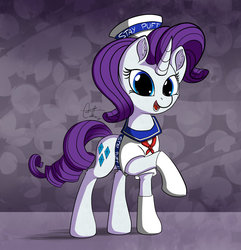 Size: 1024x1061 | Tagged: safe, artist:calena, rarity, pony, unicorn, g4, clothes, female, ghostbusters, hat, looking at you, mare, raised hoof, rarity is a marshmallow, smiling, solo, stay puft marshmallow man