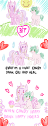 Size: 864x2244 | Tagged: safe, artist:dankflank, princess cadance, oc, oc:dankflank, alicorn, earth pony, pony, g4, 1000 hours in ms paint, best friends, best friends forever, bff, blank flank, blushing, cute, doodle, duo, female, heart, implied abuse, mare