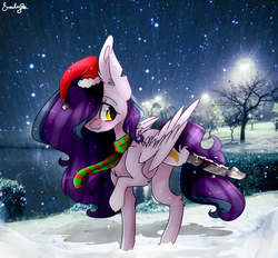 Size: 872x808 | Tagged: safe, artist:erinartista, oc, oc only, oc:shylu, pegasus, pony, amputee, christmas, clothes, female, hat, holiday, mare, prosthetic limb, prosthetics, santa hat, scarf, snow, solo, winter