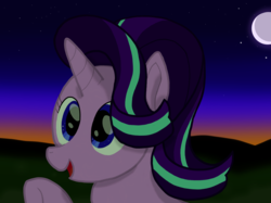 Size: 2732x2048 | Tagged: safe, artist:snake8head, starlight glimmer, pony, unicorn, g4, female, happy, high res, mare, moon, night, open mouth, smiling, solo, stars, waving