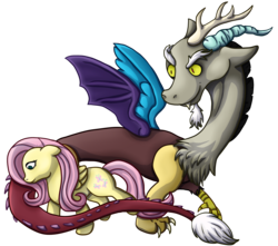 Size: 3221x2841 | Tagged: safe, artist:theraresid, discord, fluttershy, draconequus, pegasus, pony, g4, duo, duo male and female, female, high res, male, mare, no more ponies at source, simple background, transparent background