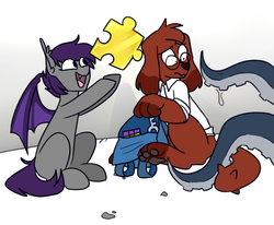 Size: 911x751 | Tagged: safe, artist:redxbacon, oc, oc only, oc:chalk, oc:nolegs, bat pony, diamond dog, pony, backpack, banjo kazooie, bat pony oc, clothes, concerned, excited, female, female diamond dog, glasses, i've seen enough hentai to know where this is going, jiggy, key, monster, paw pads, paws, rubik's cube, tentacles, underpaw