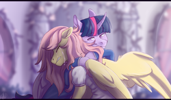 Size: 1578x923 | Tagged: safe, artist:1an1, fluttershy, twilight sparkle, alicorn, pony, the count of monte rainbow, g4, clothes, crying, dusk shine, everyday a little death, female, half r63 shipping, hug, male, mare, mondego, monsparkle, rule 63, ship:duskshy, ship:twishy, shipping, shycedes, smiling, straight, the count of monte cristo, twilight sparkle (alicorn)