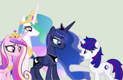 Size: 1024x673 | Tagged: safe, artist:lost-our-dreams, princess cadance, princess celestia, princess luna, oc, oc:midnight shine, pony, unicorn, g4, female, mare, offspring, parent:flash sentry, parent:twilight sparkle, parents:flashlight