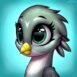Size: 3000x3000 | Tagged: safe, artist:setharu, gabby, griffon, g4, bust, cheek fluff, commission, cute, eyebrows, female, folded wings, gabbybetes, high res, looking up, portrait, signature, solo