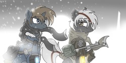 Size: 2000x1000 | Tagged: dead source, source needed, useless source url, safe, artist:whitepone, oc, oc only, earth pony, pony, unicorn, fallout equestria, gun, magical lesbian spawn, offspring, parent:oc:calamity, parent:oc:homage, parent:oc:littlepip, parent:oc:velvet remedy, snow, snowfall, weapon