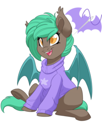Size: 1000x1200 | Tagged: safe, artist:itstaylor-made, oc, oc only, oc:thread count, bat, bat pony, clothes, cutie mark, solo, sweater