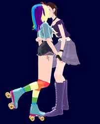 Size: 600x744 | Tagged: safe, rainbow dash, human, g4, 3d, clothes, crossover, crossover shipping, duo, female, humanized, kissing, lesbian, lgbt, luna dash, luna loud, making out, mmd, rainbow socks, roller skates, shipping, socks, striped socks, the loud house