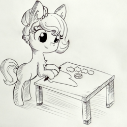 Size: 1440x1437 | Tagged: safe, artist:tjpones, oc, oc only, oc:brownie bun, earth pony, pony, horse wife, baking, bipedal, bipedal leaning, chest fluff, cookie, cookie cutter, cookie dough, ear fluff, female, food, grayscale, inktober, leaning, monochrome, rolling pin, solo, this will end in fire, traditional art