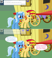 Size: 1280x1444 | Tagged: safe, artist:hakunohamikage, sunset shimmer, trixie, pony, unicorn, ask-princesssparkle, g4, ask, comic, trixie's wagon, tumblr