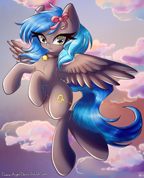 Size: 2000x2459 | Tagged: safe, artist:chaosangeldesu, oc, oc only, oc:key turner, pegasus, pony, collar, femboy, flying, high res, male, solo, spread wings, stallion, wings, ych result