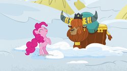 Size: 1280x720 | Tagged: safe, screencap, pinkie pie, prince rutherford, pony, yak, g4, not asking for trouble, bipedal, eyes closed, licking, licking lips, rearing, snow, tongue out