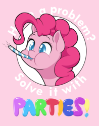 Size: 785x1000 | Tagged: safe, artist:dstears, part of a set, pinkie pie, earth pony, pony, g4, balloon, caption, colored pupils, cute, diapinkes, female, mare, party horn, pink background, positive ponies, simple background, solo