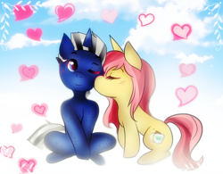 Size: 792x618 | Tagged: source needed, useless source url, safe, artist:aomisenpai, oc, oc only, oc:cherry coffe, oc:shabaco, pony, unicorn, chibi, couple, cute, heart, kissing, love, sharry, ych result